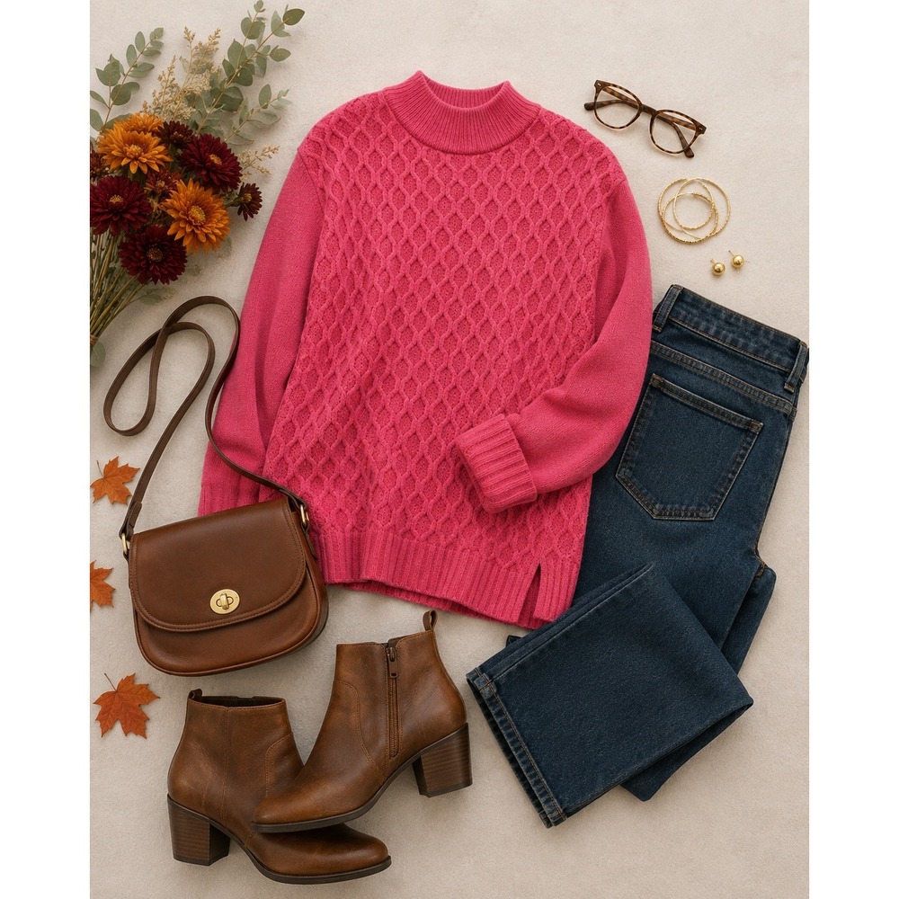 Talbots Pink Honeycomb High Low Mockneck Sweater Size M